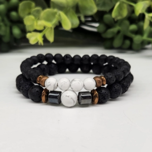 White Howlite & Black Lava Stretchable Two Bracelet Set